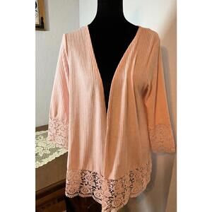 Light Pink Ribbed Cardigan with Lace Trim